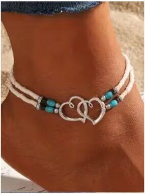 Bohemian Chic Double Heart Design Ankle Bracelet White & Turquoise Seed Beads